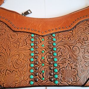 Embossed Tan and Turquoise Women's Bag